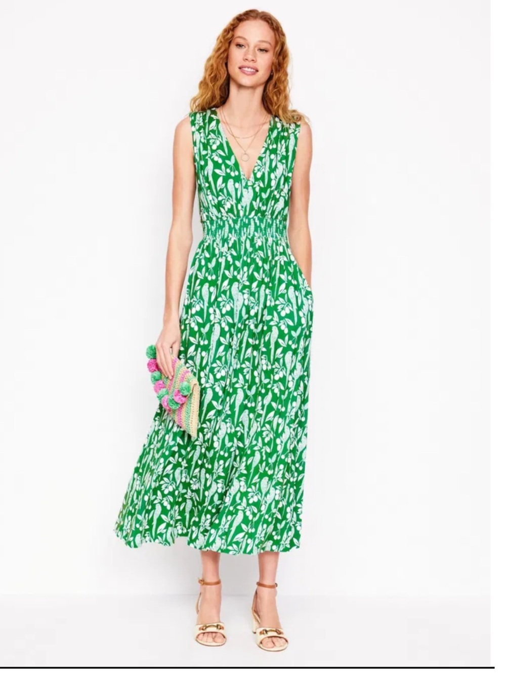 Boden Green and White Floral V-Neck Maxi PALOMA Dress size US 14L/UK 18L